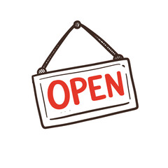 Open sign hanging with brown rope on white background  