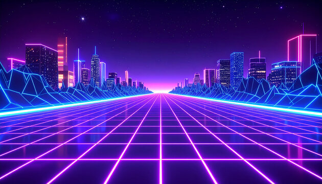 Retro 80s style with neon city backgrounds.