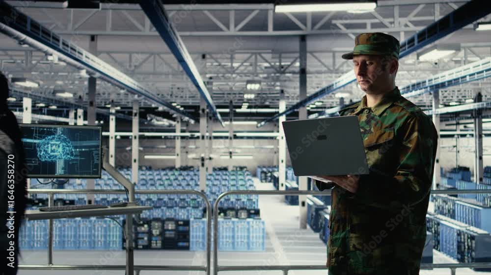 Poster army soldier in server farm uses artificial intelligence program on laptop to review reconnaissance 