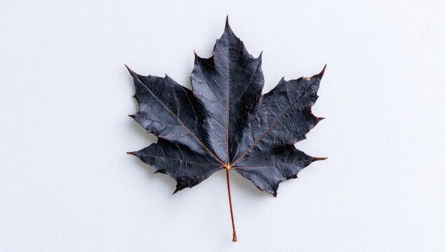 Single dark-purple maple leaf on a stark white background; slightly curled edges and visible veins