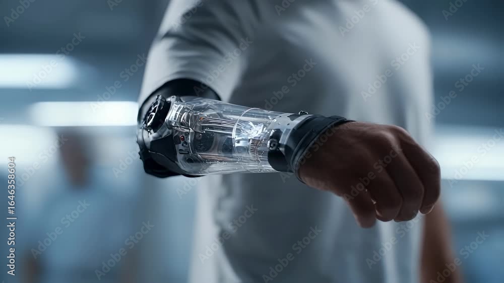 Poster medium shot showcasing a neuroadaptive prosthetic limbs socket interface emphasizing the responsive 