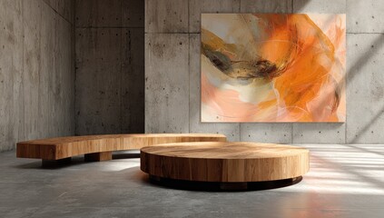 Sunlit modern concrete gallery showcasing a large abstract orange and beige canvas artwork above two low, curved wooden benches