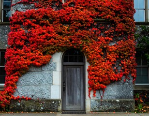 Autumnal facade with vibrant crimson ivy