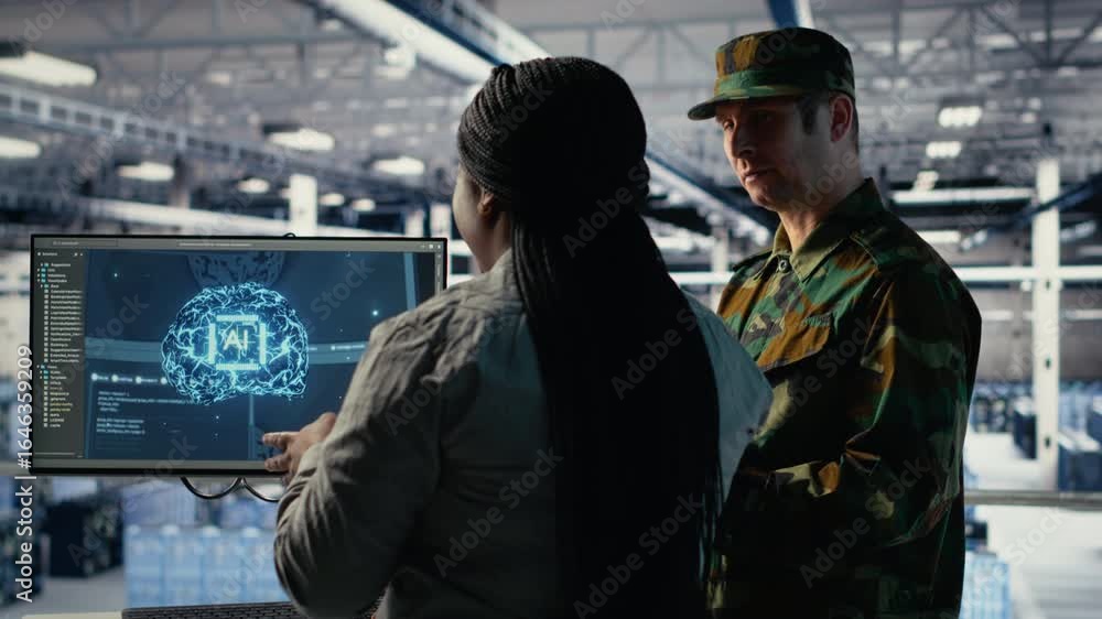 Poster military staff in server room uses ai tools to help manage computer systems. army team wearing unifo