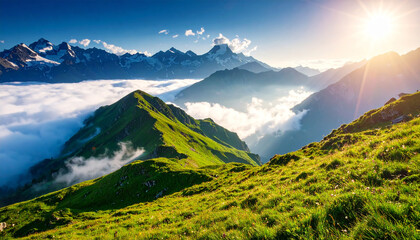 Mountains with a Foggy Weather and Sun Green Grass