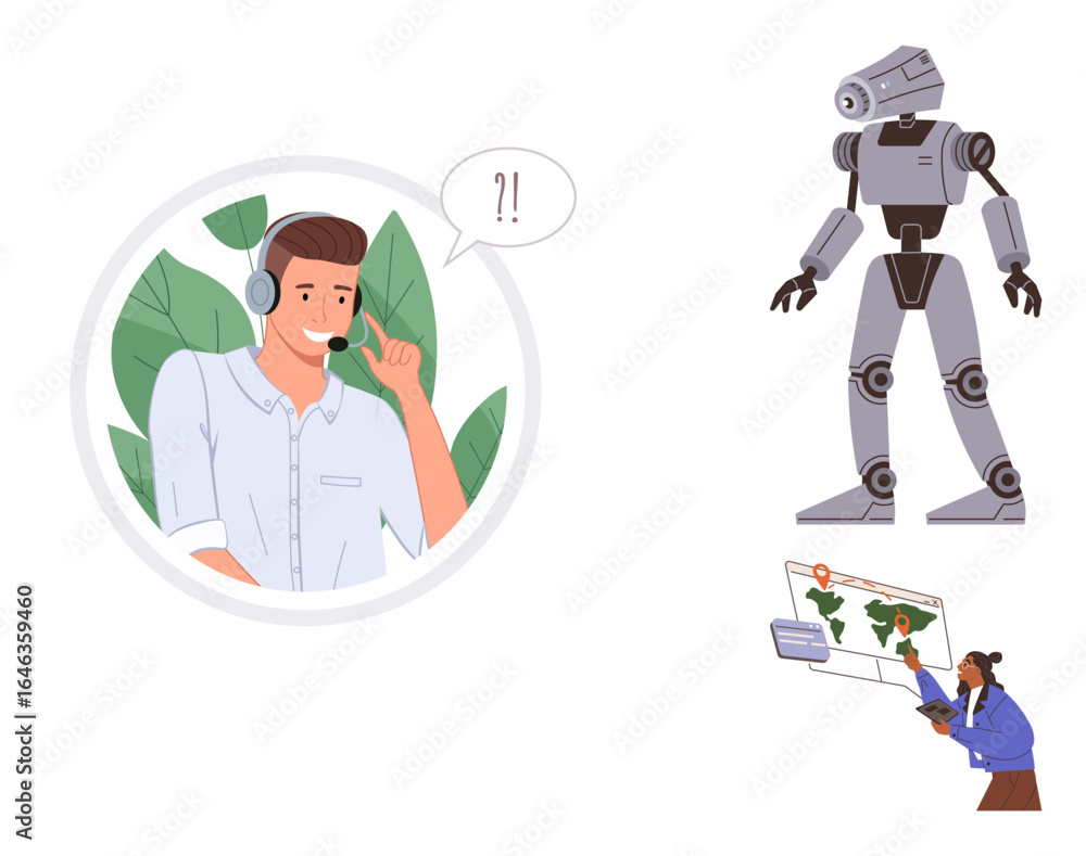 Poster man in headset engaged in communication, humanoid robot standing, data analysts reviewing charts. id