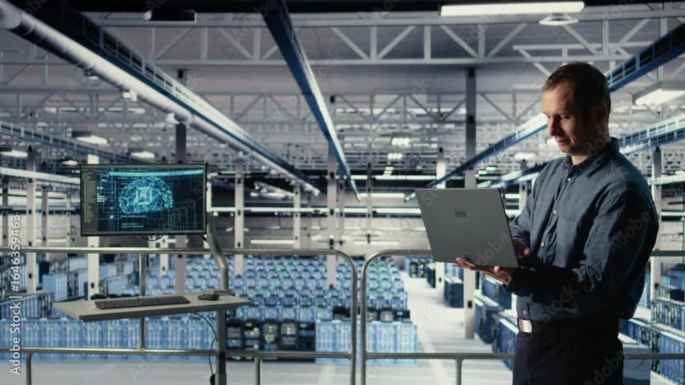 Poster data center it professional deploys deep learning software on infrastructure racks. server farm engi