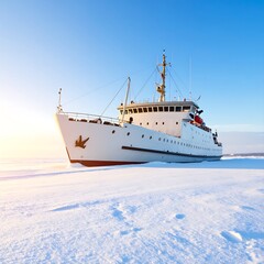 Naklejka premium White ship on frozen lake at sunrise