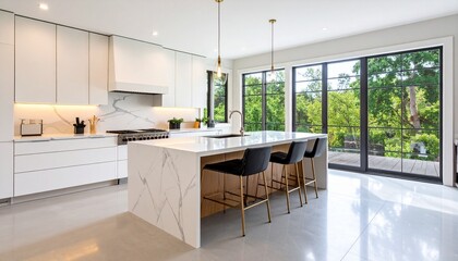 3D rendering of a modern kitchen island with stools