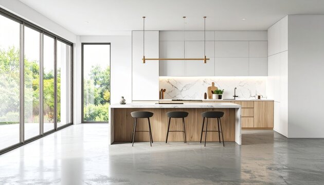 3D rendering of a modern kitchen island with stools