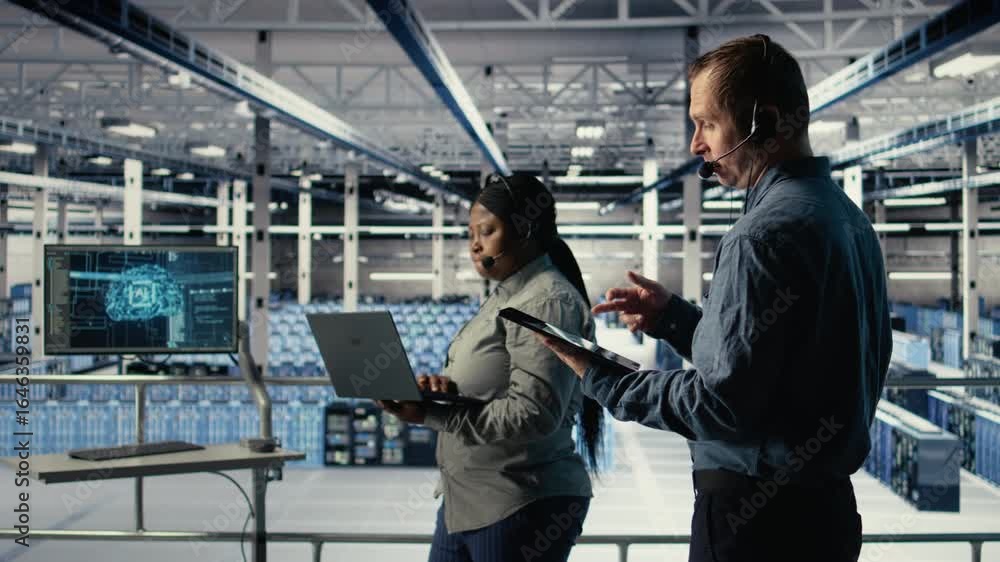 Poster data center technician using ai on tablet to help customers resolve website hosting problems. server
