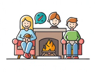 a family sitting around a fireplace