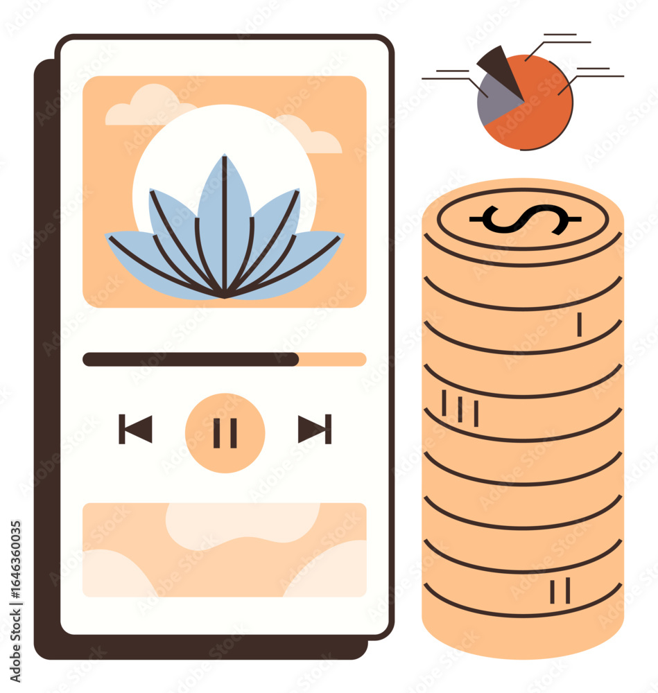 Poster smartphone displaying music player interface with lotus design, next to stacked coins and a pie char