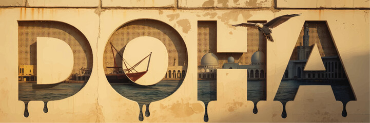 Doha Qatar Skyline Typography Art with Arabic Dhow, Museum, Minaret, and Seaside Sunrise – Modern Travel Poster Illustration