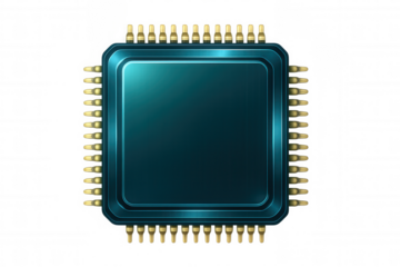 Computer processor microchip displaying golden contacts, representing advanced technological innovation on transparent surface