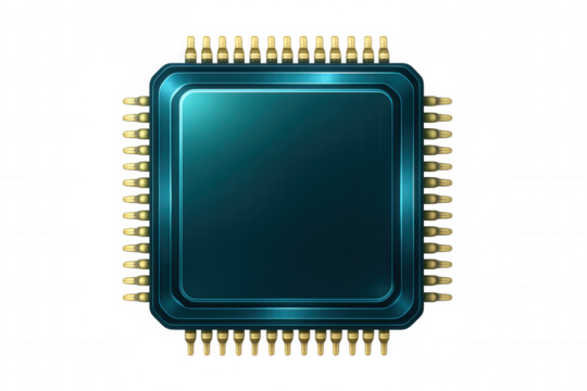 Computer processor microchip displaying golden contacts, representing advanced technological innovation on transparent surface