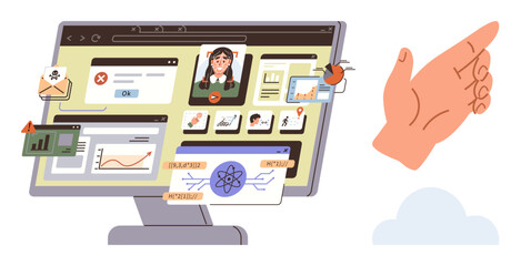 Monitor displaying notifications, charts, and malware bugs with a hand for interaction. Ideal for cybersecurity, antivirus, data privacy, hacking, online safety, system monitoring simple flat