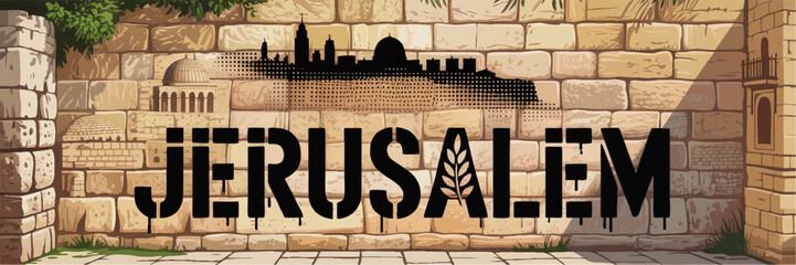 Fototapeta premium Jerusalem Old City Vector Illustration with Ancient Stone Wall, Famous Landmarks Silhouette and Typography for Travel and Tourism