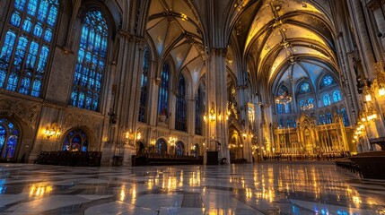 Fototapeta premium Majestic cathedral interior, illuminated by golden light.