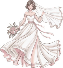 Bride In A Flowing Wedding Dress Holding A Bouquet With Veil marriage