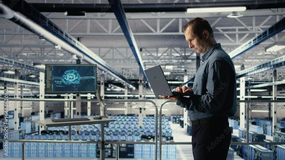 Poster data center engineer adjusts system settings to improve ai rigs processing speed and efficiency. ser