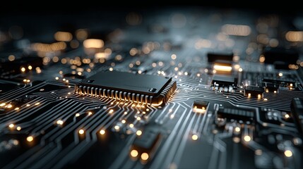 Obraz premium Close-up view of a circuit board with illuminated components.
