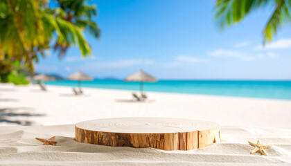 Obraz premium Wooden stump on sand beach in summer.