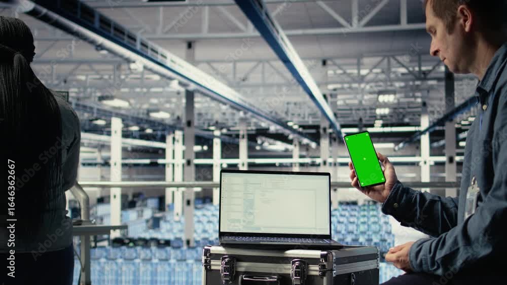 Poster server room software developer using mockup phone while waiting for updates to finish installing. da
