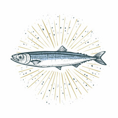 Hand drawn isolated Sardine Print. Vintage engraving illustration in ink line art style for t shirt, canvas, poster or placard, collage element.