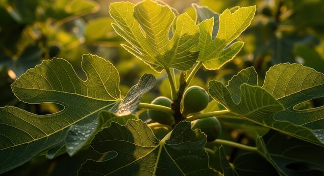 Lush Green Fig Leaves with Sunlight, Fresh Growth on Branch
