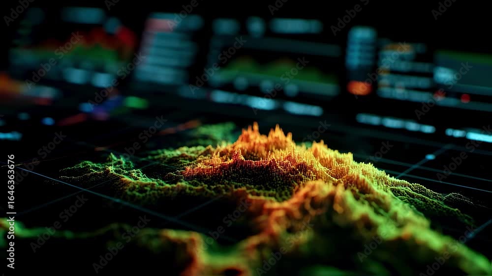 Poster medium shot of a glowing 3d wildfire map projected in a control room with clear emphasis on the vibr