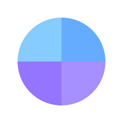 Circle pie chart. Four blue sections. Divided geometric round. Vector graphic element.