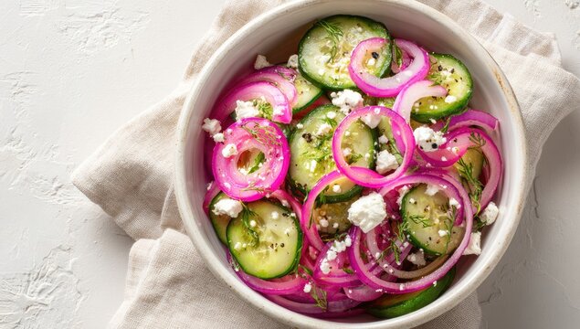 Refreshing salad of thinly sliced cucumbers, pickled red onions, and crumbled feta cheese in a white bowl, garnished with dill