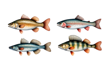 Four Detailed Illustrations of Freshwater Fish: Perch, Zander, Roach, and Rainbow Trout; Vintage Style; Dark Background.