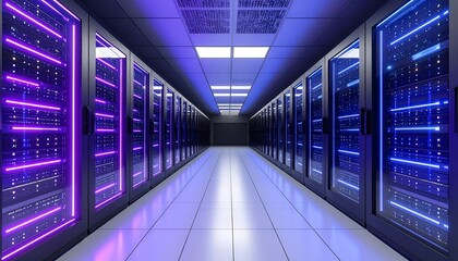 Server room interior with neon lighting