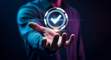 Verification and approval concept. An open hand holds a glowing holographic verification seal (a circle with a checkmark), representing authenticity.