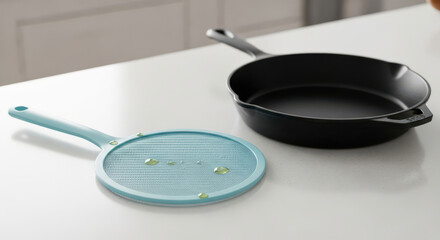 Clean Kitchen Countertop Featuring a Black Cast Iron Skillet and a Blue Splatter Screen with Oil Droplets Showcasing Modern Cooking and Kitchenware
