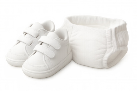 Studio shot of white baby shoes and diaper, representing childcare, infancy, and baby products, on a transparent background - Powered by Adobe