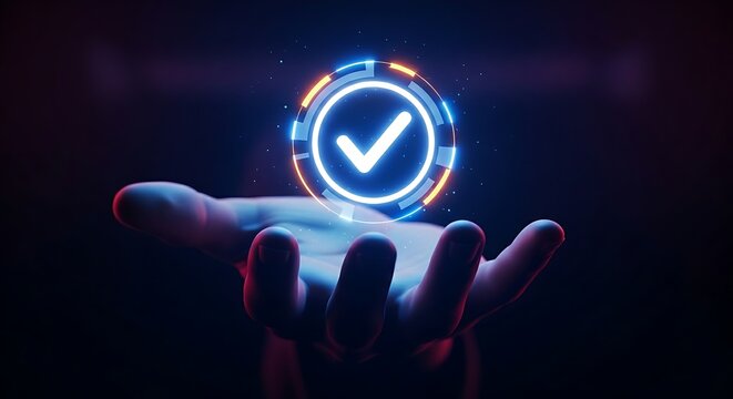 Verification and approval concept. An open hand holds a glowing holographic verification seal (a circle with a checkmark), representing authenticity.