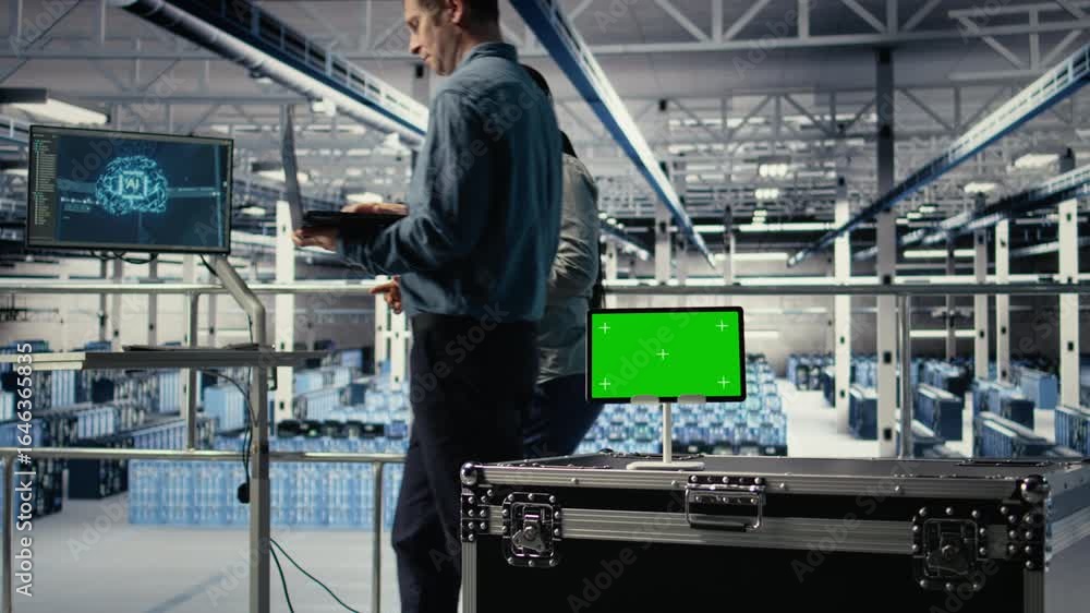 Poster data center it professionals check ai dashboard using isolated screen tablet. server room developers