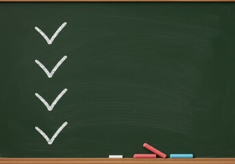 Checklist with chalk marks on green school blackboard