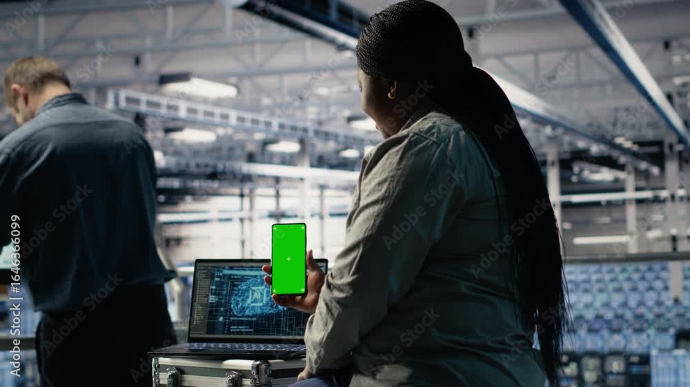 Poster data center admin uses isolated screen smartphone while deploying machine learning tech. server room