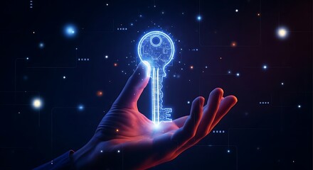 Access key and solution concept. A hand holds a single, ornate holographic key, symbolizing exclusive access, secure login, or a turnkey solution.