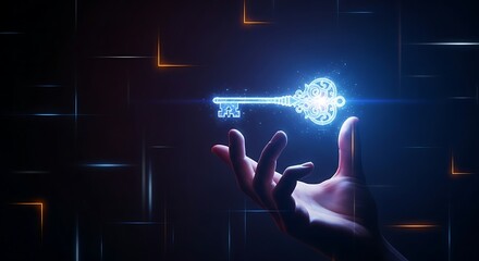 Access key and solution concept. A hand holds a single, ornate holographic key, symbolizing exclusive access, secure login, or a turnkey solution.