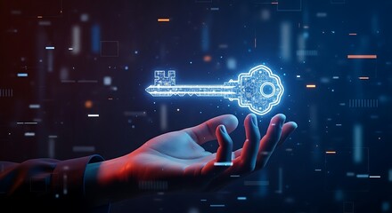 Access key and solution concept. A hand holds a single, ornate holographic key, symbolizing exclusive access, secure login, or a turnkey solution.