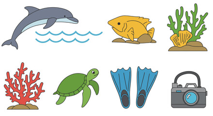 A colorful collection of illustrated icons featuring marine life and scuba diving equipment.