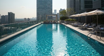 Rooftop swimming pool with city skyline view and lounge chairs