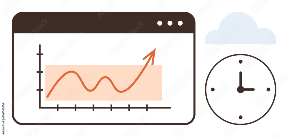 Poster rising trend line graph in website window, clock showing time concept, and cloud. ideal for analytic