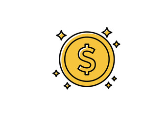A bright, stylized golden coin featuring a dollar sign and surrounding sparkles, symbolizing currency.