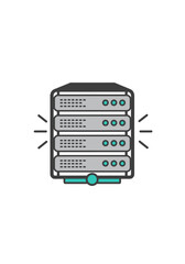 A stylized illustration of a server rack, depicting data storage and processing.